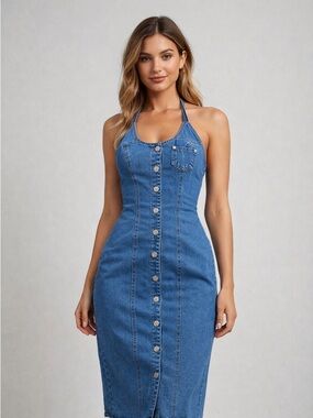 Vintage 80s Denim Halter Maxi Dress Button Down Small Y2K Coquette Summer